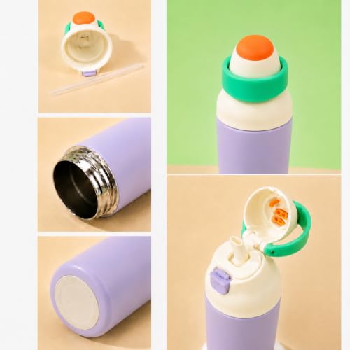 Image of HomeCloud 500ML Stainless Steel Water Bottle for Kids - Double Wall Vacuum Insulated, Leakproof Straw Lid, BPA-Free Reusable Flask with Dual Drinking Spout for School, Travel & Sports (Purple Green)