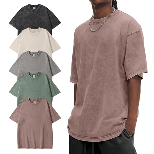 Eiscntd Men's T-Shirts - 5 Pack Oversized T Shirts for Men, Unisex Cotton Vintage Casual Streetwear Gym Tee(BlackBeigeGreyAGreenCoffee-S)