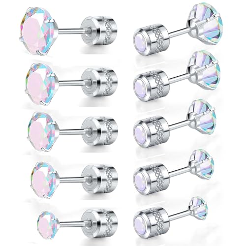 5 Pairs 316L Stainless Steel Screw Flat Back Earrings Cubic Zirconia Stud Earrings Titanium Earrings for Women Men