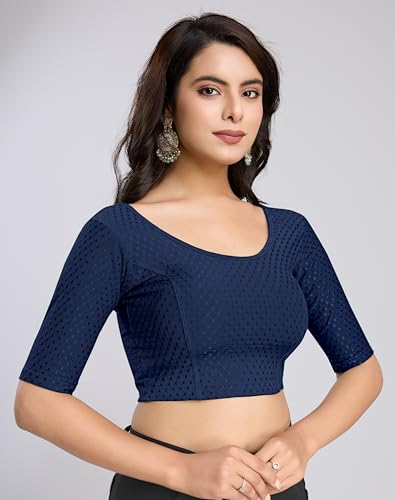 Image of TRENDMALLS Women's Dobby Pure Cotton Elastin Stretchable Readymade Round Neck Elbow Length Sleeves Blouse Choli Stylish Saree Blouse Ready to Wear
