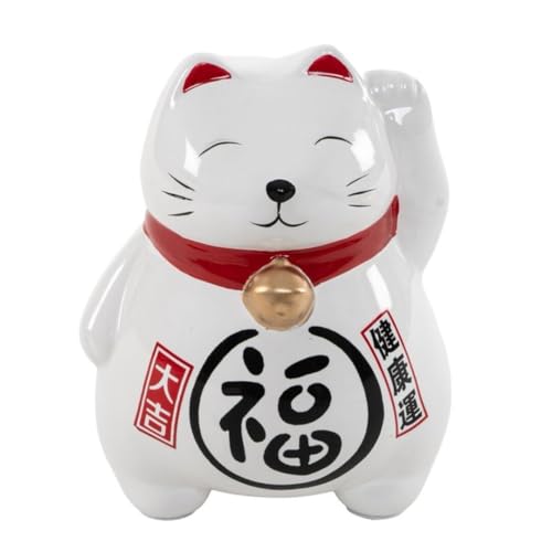 Tirelire décorative Maneki-Neko Chat de la Fortune en céramique, blanc, 15 x 11 x 11 cm, avec couvercle pour extraire de l'argent