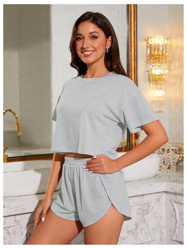 Image of OYOANGLE Womens Pajama Sets 2 Piece Sexy Lounge Sets Summer Cute Pjs Striped Print Tee and Side Split Shorts Set