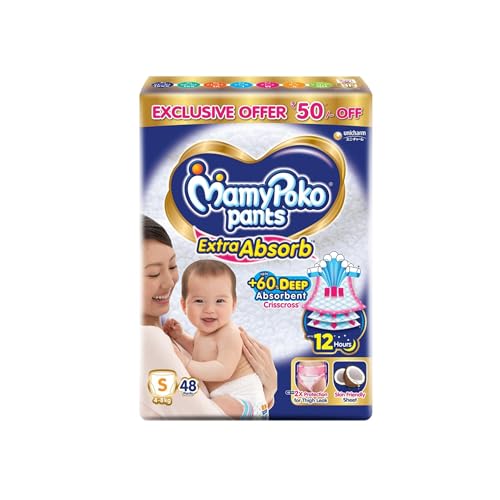 Image of MamyPoko Pants Extra Absorb Baby Diapers, Small (S Size) | 4-8 kg | 48 Count |Deep Sleep Diapers| Soft Gentle fit |Deep Absorbent Crisscross | Skin Friendly with Coconut Oil |