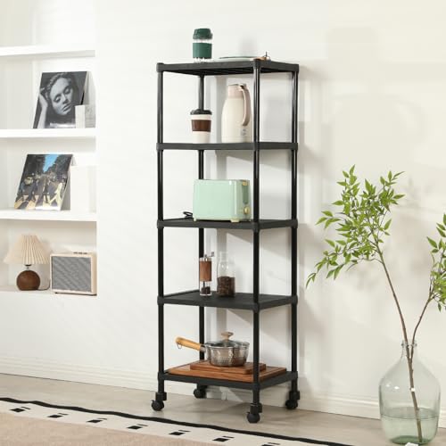 Image of HOME CUBE 5-Tier Storage Shelf with Plastic Shelves with Wheels Kitchen Organizer Rack Microwave Stand Bookshelf Standing Shelf Units Multipurpose Storage Rack for Living Room - 50x35x144 cm