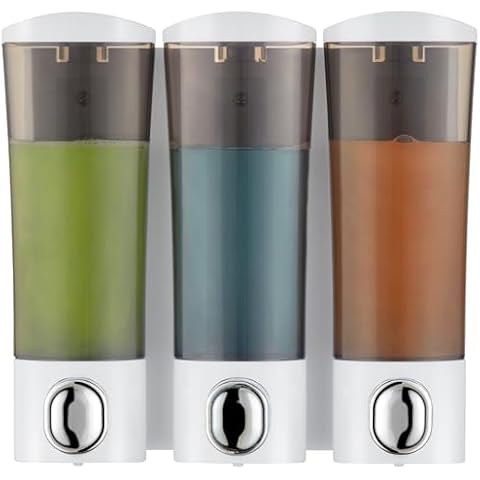 modunful Shampoo and Conditioner Dispenser Wall Mounted Shower Shampoo Dispenser No Drill, 3 Chamber Shower Soap Dispenser for Bathroom Hotel Large Capacity 300ml, White Cover