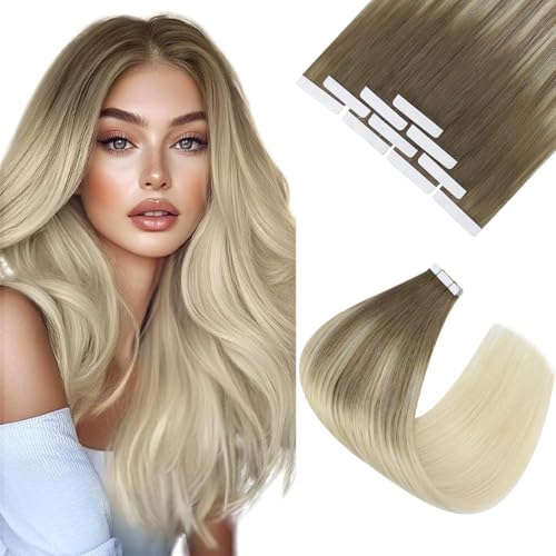 Image of Ve Sunny Hair Tape in Extensions Light Brown Balayage Platinum Blonde | Hair Tape Extensions,16Inch 25g 10Pcs,Straight Smooth,for Daily Use