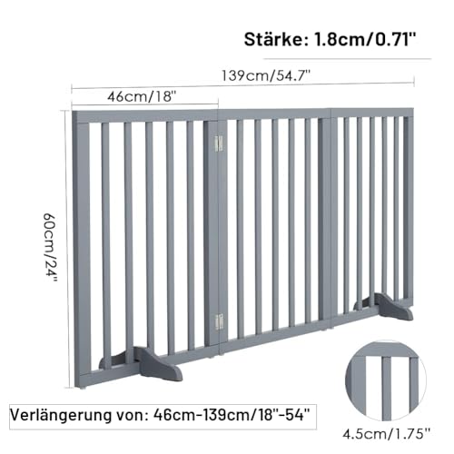 The Fellie Freistehendes Schutzgitter mit Füßen，Absperrgitter Hund, Kindergitter Klappbar, Holz Hundegitter Treppe, Treppenschutzgitter ohne Bohren, Absperrgitter für Häuser, Türöffnungen,H60cm,Grau