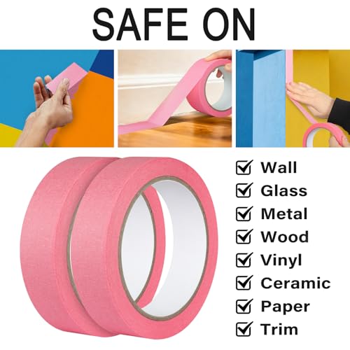 Image of 2 Pack Pink Painters Tape - Pink Masking Tape 1 Inch Wide - Multi-Surface, Smart Adhesion, Indoor & Outdoor - Paint Tape for DIY, Labeling, Art, Car, General Purpose - 180FT Total