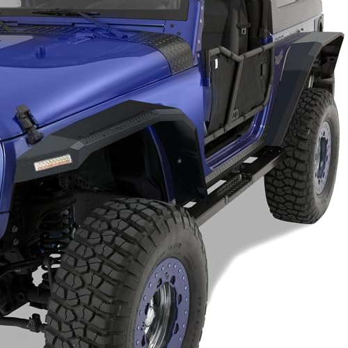 Image of Nilight JK Wide Flat Front & Rear Fender Flares Fit for 2007 - 2018 Jeep Wrangler JK 2Door (Not fit 4 Door) 4Pcs Off-Road Wheel Fenders Mud Guards w /LED Lights Turn Signal Lights DRL, heavy-duty steel