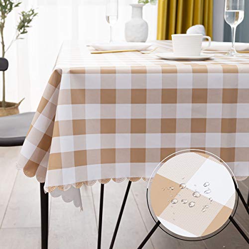 Vinyl Oilcloth Tablecloth Spillproof Wipeable PVC Waterproof Plastic Party Oil Tablecloths for for Card Table Tablecloth Square - 4Ft White and Khaki Buffalo Check 60 x 60 Inch Square Tablecloth