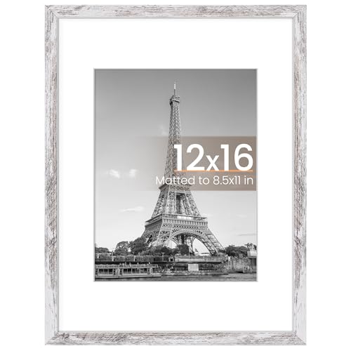 Image of upsimples 12x16 Picture Frame, Display Pictures 8.5x11 with Mat or 12 x 16 Without, Wall Hanging Poster Frames, Rustic White, 1 Pack