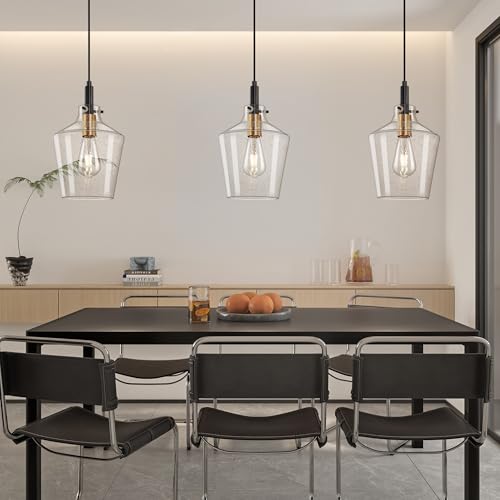 Image of Seeded Glass Pendant Lighting for Kitchen Island 1 Pack Black Gold 8 Inch | Adjustable cord Dimmable, E26 bulbs, Rust-resistant Damp Rated For Bathrooms, 5-Year Manufacturer Warranty, UL Certification