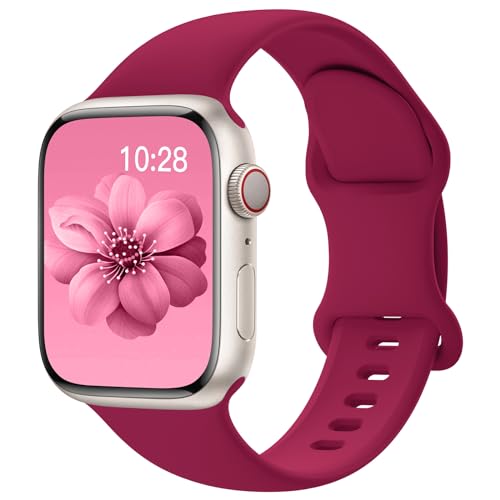 Yoohoo Soft Silicone Strap Compatible with Apple Watch Straps 38mm 40mm 41mm 42mm 44mm 45mm 46mm 49mm Women Men,Sport Replacement Bands for iWatch Series 11 10 9 8 7 6 5 4 3 2 1 SE Ultra,Deep Rose Red
