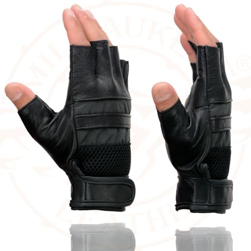 Image of Milwaukee Leather SH198 Men's Black Flame Embroidered Fingerless Gloves with Gel Palm | Padded Comfort; Vibration Relief; Flame Embroidery