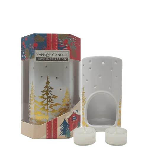 Yankee Candle Home Inspiration Brûleur à huile/cire avec 4 bougies chauffe-plat - Thème Noël, Blanc/doré