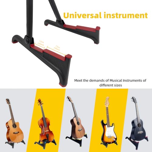 nalu Classic A-Frame Tripod Adjustable Guitar Stand for Acoustic Bass Electric Guitars and Ukuleles Folding Floor Stand Small Good for Traveling (RedRubber+BlackFrame)