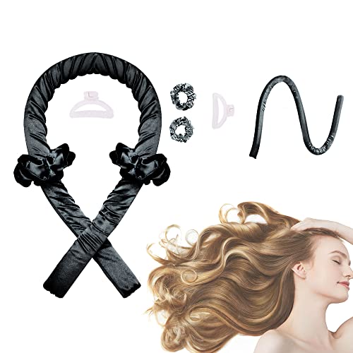 Heatless Hair Rollers, Hair Curlers for Long Hair, No Heat Curling Rod Headband with Hair Clips and Scrunchie, Curl Ribbon Rod Wave, Soft Silk DIY Hair Styling Tools Kit (Black)