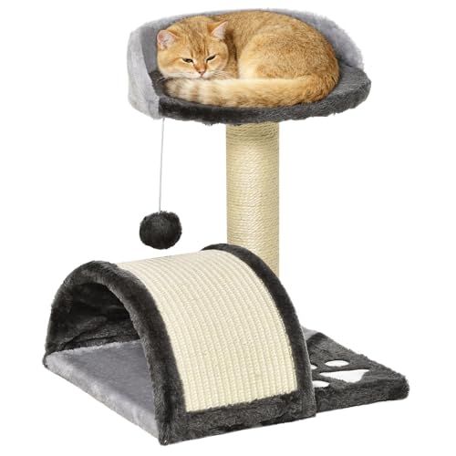 PawHut Árbol Rascador para Gatos Pequeños Altura 46 cm de 2 Niveles Árbol para Gatos con Poste Tablero para Rascar Plataformas y Juguete de Bola Colgante 35,5x37x46 cm Gris Oscuro