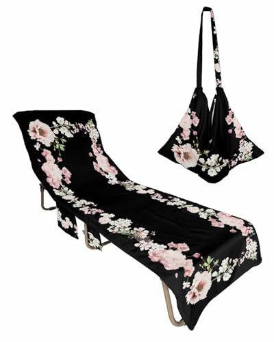 Black Spring Floral Beach Lounge Chair Towel Cover, Soft Chaise Lounge Towel with Side Pockets Patio Pool Chairs Cover for Beach/Pool Sunbathing 29x85 Summer Botanical Vintage Pastoral