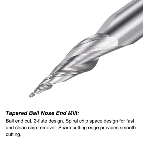 Image of uxcell Tapered Ball Nose End Mill, Uncoated Solid Carbide 2 Flute Spiral Milling Cutter, 0.25mm Radius, 0.5mm Diameter, 6mm Shank, 50mm Length, 20 Degree Angle