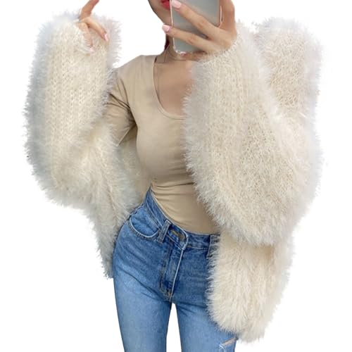 Women's Fuzzy Cardigan Sweaters, Warm Fall Winter Coats Cozy Cute Cardigans Long Sleeve Open Front V-Neck Fluffy Knit Sweater