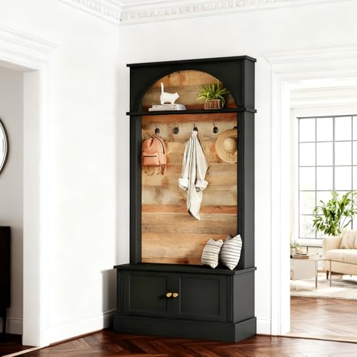 Image of Tribesigns 70.86 inch Hall Tree with Storage Bench, 4-in-1 Design Entryway Bench with Coat Rack, Farmhouse Hall Tree with 5 Hooks and Adjustable Shoe Storage for Entryway, Hallway(Black+Brown)