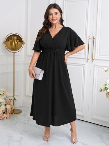 Image of SHESTARR Womens Plus Size Wrap V Neck Dress Short Flutter Sleeve Pleated Empire Waist Ruffle A Line Maxi Long Dresses