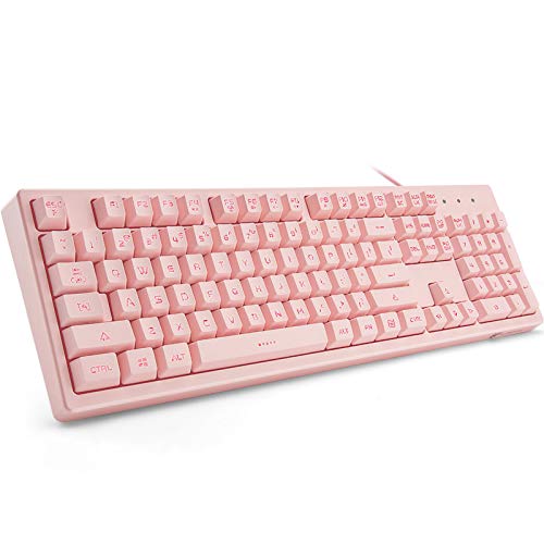 Basaltech Pink Keyboard with 7-Color LED Backlit, 104 Keys Quiet Silent Light Up Keyboard, 19-Key Anti-Ghosting Gaming Keyboard Mechanical Feeling Waterproof Wired USB for Computer, Mac, Laptop
