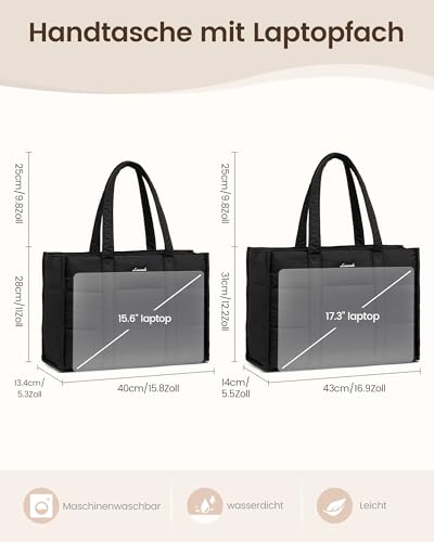 LOVEVOOK Handtasche Damen Groß, Puffer 17 Zoll Laptoptasche Shopper Tasche Arbeitstasche Aktentasche, Tote Bag Women Handbag Lehrertasche Schultasche Schultertasche für Uni Business Schule, Schwarz