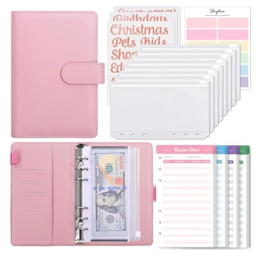 SKYDUE Budget Binder with 8pcs Zipper Envelopes,Money Organizer for Cash with 12pcs Expense Budget Sheets & 24 Rose Gold Sticky Labels,Budget Organizer for Cash
