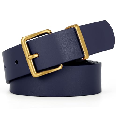 VONMELLI Womens Leather Belt for Jeans Dresses Fashion Ladies Navy Blue Belts for Women with Gold Buckle S