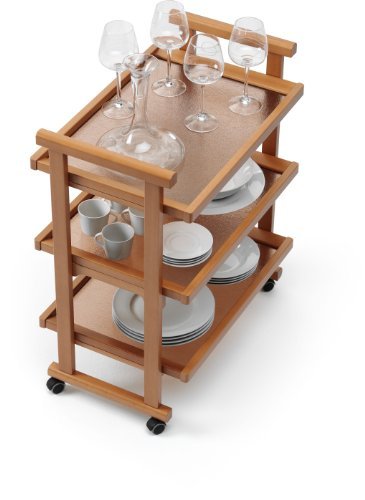 Image of 3-Tier Solid Wood Rolling Bar Cart - Wine Serving Trolley with Wheels, Utility & Kitchen Storage, Seasoning Rack - Brown Polish (Style 17)