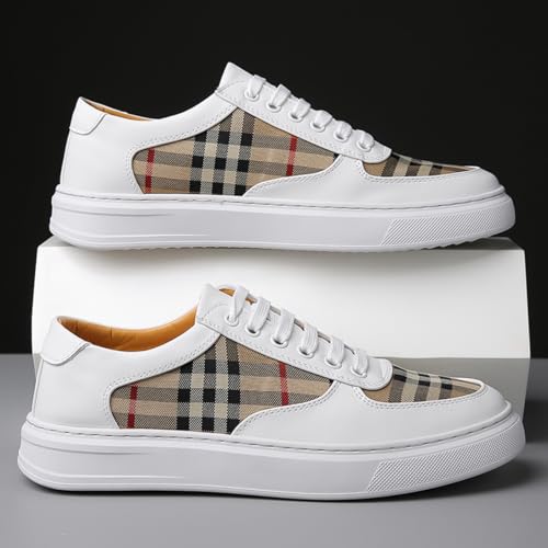 Men's Lace - up Plaid - Paneled Sneakers, Casual Low - top Canvas & Leather Shoes for Daily & Street2