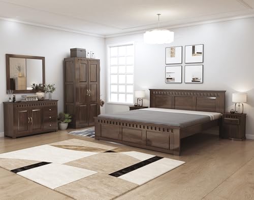 Image of SONA ART & CRAFTS Kuber Solid Sheesham Wood Bedroom Set | Queen Size Bed Without Storage, Wardrobe, Chest of Drawer & Two Bedside Tables - Walnut Finish (Assembly Included)