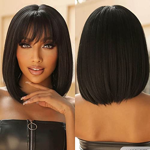 Allbell Black Short Bob Wigs For Women Bob Wig With Bangs Straight Natural Hair Synthetic Wig Party Cosplay #TOP15