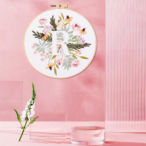 Image of IUHUI Embroidery Kit for Beginners Adults - 26 Floral Letters Easy Patterns, DIY Hand Stitching Embroidery Set with Hoop (Flower and Grass Letter R)