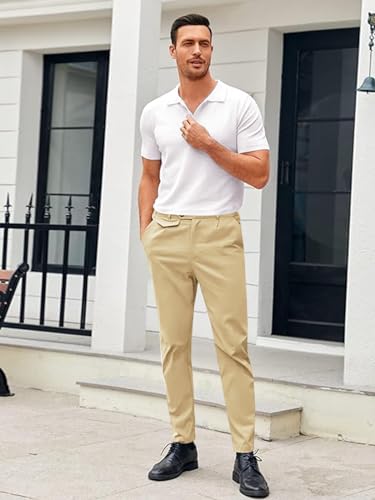 Image of Mens Chinos Slim Fit Pants Stretch Tapered Dress Pant Casual Trousers | Skinny Slacks, Flat Front Design, Stretch Cotton Fabric, Solid or Plaid, Work Dress Pants, Business Casual Wear