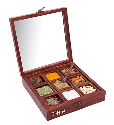 Image of Nine Blends Spice Box Containers & Spoon In Sheesham Wood - Wooden Spice Box Set For Kitchen Masala Spice Boxes Masala Daani Namak Dani Dabba
