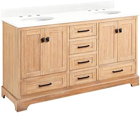 Signature Hardware 483453 Quen 60" Free Standing Double Basin Vanity Set with Cabinet, Vanity Top, and Undermount Sink - 3 Faucet Holes - Driftwood Brown/Feathered White Quartz