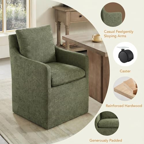 Image of KISLOT Upholstered Dining Chairs with Casters, No Assembly Modern Accent Armchair with Rollers for Dining Room, Bedroom, Living Room, Reading Room, Already Assembled, Green, 1 Box