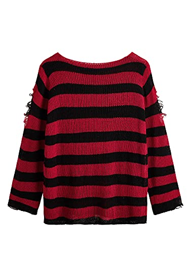 Makemechic Women's Casual Striped Print Ripped Long Sleeve Loose Sweater Top Black And Red M #TOP1