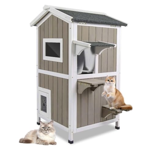 Outdoor Cat House Weatherproof Cats Shelter for Feral Kitten Pet Houses for 1-2 Small Animlas 2 Story Wooden Houses for Indoor Outdoor Cats with Escap