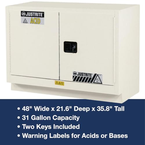 Image of Justrite Acid Corrosive Storage Cabinet - 31 Gallon 2 Door Self Close Chemical Storage Cabinet with ChemCor Coating - 22 inch x 36 inch x 48 inch - Made in The USA - Light Neutral - 8849272