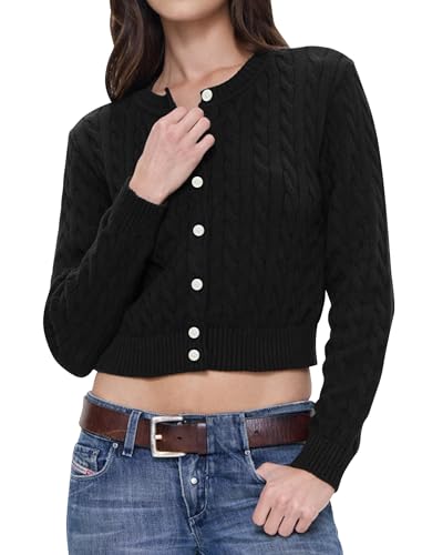 Balimtoy Women Cable Knit Cardigan Cropped Long Sleeve Crew Neck Button Down Sweater Cardigans Cute Y2k Fall Jackets