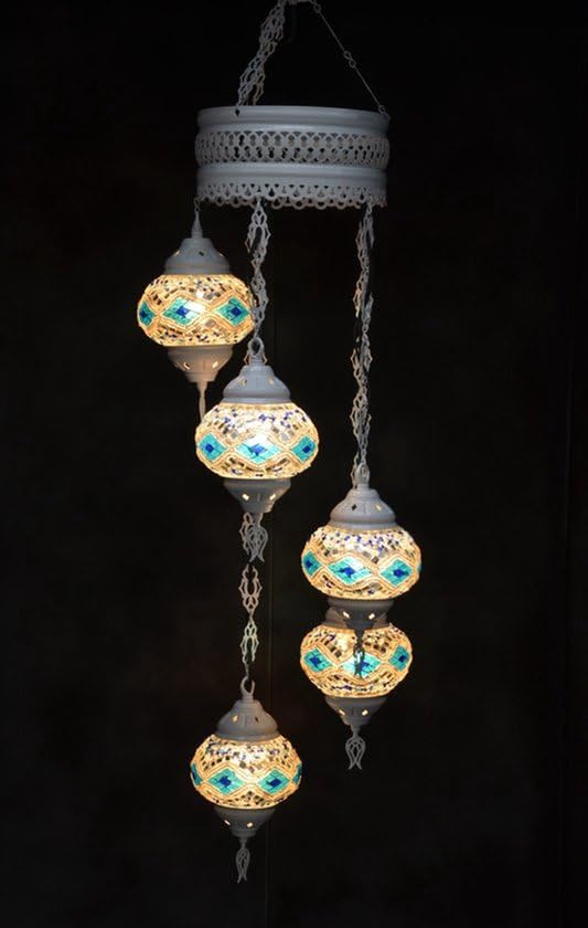 Halay Lampe pendante mosaïque multicolore en verre bleu argenté 5 boules Turc oriental crème blanc marocain lustre