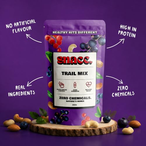 Image of Snacc Mix Trail | Dry Fruits and Mix Nuts| Almond, Cashew, Bluenerries, Pumkin Seed, Blackcurrants | Iodized Salt | Healthy Snacking (200 g, Pack of 4)