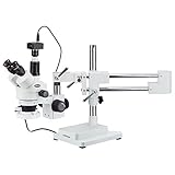 AmScope SM-4TPZ-FRL-3M Digital Professional Trinocular Stereo Zoom Microscope with Simultaneous Focus Control, WH10x Eyepieces, 3.5X-90X Magnification, 0.7X-4.5X Zoom Objective, 8W Fluorescent Ring Light, Double-Arm Boom Stand, 110V-120V, Includes 0.5X and 2.0X Barlow Lenses and 3MP Camera with Reduction Lens and Software
