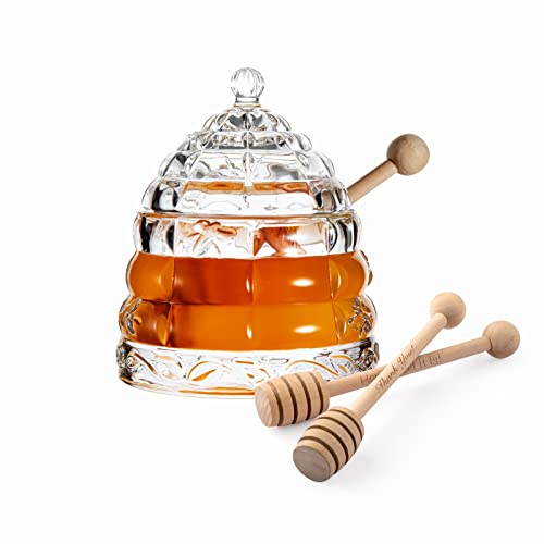 beehive dipper honey jar - M&N Home Beehive Crystal Honey Dish and 3 Dippers, Honey Jar and Dipper Set, Large Glass Jar Honey Pot with Lid and Inscribed Wooden Honey Dippers, Glass Honey Dispenser Thank You Gift for Jam, Syrup and Honey