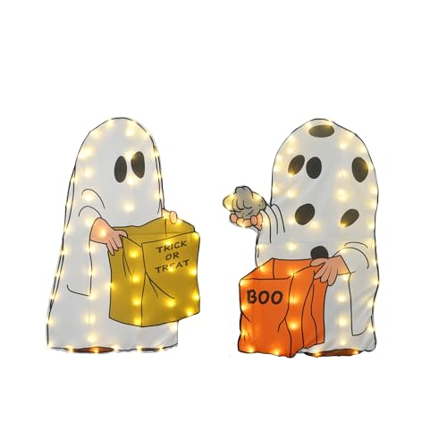 Peanuts 2 Dimensional Halloween Ghosts 2 Piece Set Lighted LED Outdoor Indoor DCOR 32 INCHES Iconic I GOT A Rock Charlie Brown and Friend