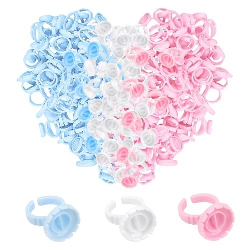 KEYRI 300 Pcs Lash Glue Holder Ring Cup Quick Blossom Pigment Holders Disposable Finger Hand Beauty Tools Disposable Glue Cups Lash Glue Rings Lovely Flower Shape for Eyelash Extensions (Three colors)
